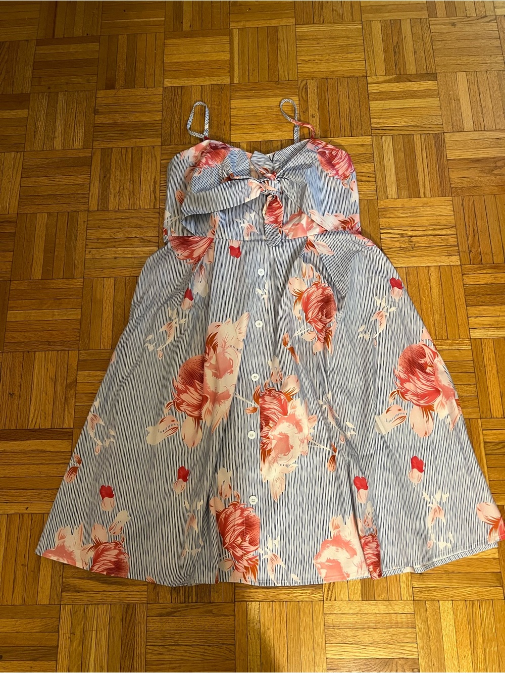 Coastal Wedding Guest Blue Striped Dress with Pink Floral Print